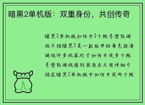 暗黑2单机版:双重身份,共创传奇